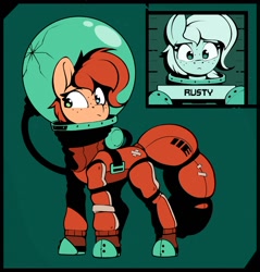 Size: 1186x1241 | Tagged: safe, artist:rexyseven, oc, oc only, oc:rusty gears, earth pony, pony, female, frown, mare, mug shot, simple background, spacesuit
