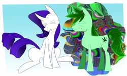 Size: 2048x1240 | Tagged: safe, artist:newsketches, artist:oddsketches, imported from derpibooru, rarity, oc, oc:stoney poney, earth pony, pony, unicorn, drugs, duo, fuck i'm high, joint, marijuana, psychedelic, squint