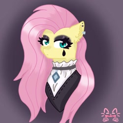 Size: 960x960 | Tagged: safe, artist:niveria25, imported from derpibooru, fluttershy, pegasus, pony, black tears, bust, choker, clothes, dress, ear fluff, ear piercing, earring, eyeshadow, female, fluttergoth, goth, jewelry, looking at you, makeup, mare, piercing, solo