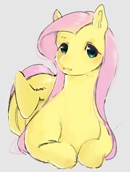 Size: 689x905 | Tagged: safe, artist:rmb2704, imported from derpibooru, fluttershy, pegasus, pony, cute, female, gray background, looking at you, lying down, mare, prone, shyabetes, simple background, solo