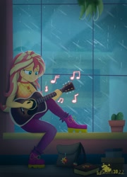 Size: 2048x2849 | Tagged: safe, artist:lordshrekzilla20, imported from derpibooru, sunset shimmer, fanfic:the one true king, equestria girls, breasts, cleavage, female, guitar, high res, jewelry, music notes, musical instrument, necklace, playing instrument, rain, relaxing, smiling, window