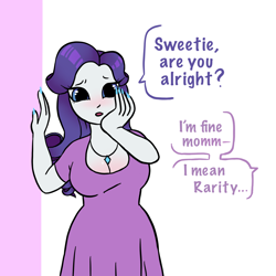 Size: 2048x2048 | Tagged: safe, artist:immunefox, imported from derpibooru, rarity, sweetie belle, human, big breasts, big eyes, blushing, breasts, busty rarity, cleavage, clothes, concerned, dress, female, high res, hips, humanized, implied sweetie belle, jewelry, long nails, looking at you, mommy, nail polish, necklace, solo, speech bubble, talking