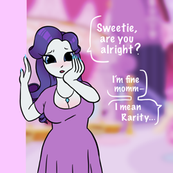 Size: 2048x2048 | Tagged: safe, alternate version, artist:immunefox, imported from derpibooru, rarity, sweetie belle, human, big breasts, big eyes, blushing, breasts, busty rarity, carousel boutique, cleavage, clothes, concerned, dress, female, high res, hips, humanized, implied sweetie belle, jewelry, long nails, looking at you, mama rarity, mommy, nail polish, necklace, solo, speech bubble, talking