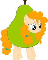 Size: 1280x1608 | Tagged: safe, artist:kigtoons, imported from derpibooru, pear butter, earth pony, pony, clothes, costume, food, food costume, pear, pear costume, simple background, solo, transparent background