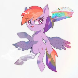 Size: 1500x1500 | Tagged: safe, artist:destroyer_aky, imported from derpibooru, rainbow dash, pegasus, pony, bipedal, cake, cake slice, eye clipping through hair, eyebrows, eyebrows visible through hair, female, food, looking at you, mare, open mouth, rainbow cake, simple background, solo, spread wings, white background, wings