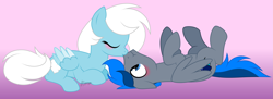 Size: 4239x1551 | Tagged: safe, artist:feather_bloom, imported from derpibooru, oc, oc only, oc:azure thunder, oc:feather_bloom, pegasus, pony, blushing, duo, female, kissing, lying down, male, mare, oc x oc, on back, romantic, scrunchy face, shipping, simple background, stallion, straight