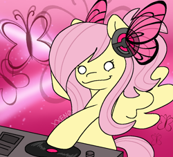 Size: 900x816 | Tagged: safe, artist:zeffdakilla, imported from derpibooru, fluttershy, butterfly, pegasus, pony, alternate hairstyle, butterfly headphones, butterfly wings, dj fluttershy, happy, headphones, ponytail, record, redraw, smiling, turntable, wings