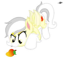 Size: 2392x2172 | Tagged: safe, artist:princessmoonsilver, imported from derpibooru, oc, oc:fiery heart, bat pony, pony, female, food, high res, mango, mare, simple background, solo, transparent background