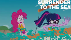 Size: 1280x720 | Tagged: safe, edit, edited screencap, editor:quoterific, imported from derpibooru, screencap, pinkie pie, sci-twi, twilight sparkle, equestria girls, equestria girls series, the salty sails, clothes, duo, duo female, female, geode of sugar bombs, geode of telekinesis, glasses, jewelry, magical geodes, necklace, one-piece swimsuit, open mouth, open smile, pinkie pie swimsuit, ponytail, sci-twi swimsuit, sleeveless, smiling, swimsuit, text