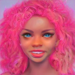 Size: 512x512 | Tagged: safe, editor:diameltzowo, imported from derpibooru, pinkie pie, human, blue eyes, bust, curly hair, eyebrows, female, humanized, irl, kinky hair, looking up, moderate dark skin, photo, portrait, realistic, simple background, smiling, solo, uncanny valley