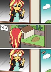 Size: 596x842 | Tagged: safe, artist:swordjaxa, imported from derpibooru, sunset shimmer, equestria girls, 3 panel comic, clothes, comic, crossover, derp, female, grave, implied death, looking out the window, math, reference, rick and morty, solo