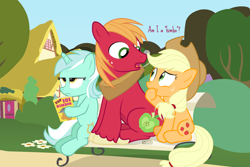 Size: 1800x1200 | Tagged: safe, artist:dm29, imported from derpibooru, applejack, big macintosh, lyra heartstrings, quibble pants, earth pony, pony, unicorn, bedroom eyes, bench, book, brother and sister, cowboy hat, female, hat, himbo, horn, looking at each other, looking at someone, lyra is not amused, magazine, male, meme, open mouth, park, ponyville, reading, siblings, sitting, sitting lyra, smiling, smirk, stallion, tail, talking, tree, unamused