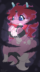 Size: 2170x3836 | Tagged: safe, artist:焰心fireworks, imported from derpibooru, oc, oc:flame hearts, oc:烛焰•焰心, deer, deer pony, hybrid, original species, pony, unicorn, unideer, blue eyes, body markings, bondage, chains, cheek fluff, chest fluff, colored underhoof, crying, darkness, facial markings, fire, fluffy, glasses, high res, horn, horn ring, horns, kitsune, kitsune pony, light, magic, open mouth, pale belly, ring, shackles, solo, teary eyes, two toned mane