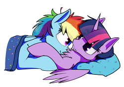 Size: 4100x2900 | Tagged: safe, artist:dacaoo, imported from derpibooru, rainbow dash, twilight sparkle, alicorn, pegasus, pony, blanket, chest fluff, commission, female, horn, lesbian, looking at each other, looking at someone, lying down, lying on top of someone, mare, nuzzling, on back, pillow, prone, shipping, simple background, transparent background, twidash, twilight sparkle (alicorn), wings