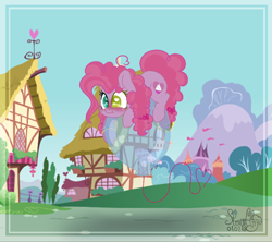 Size: 1072x954 | Tagged: safe, artist:stormcloud-yt, imported from derpibooru, oc, oc only, earth pony, pony, balloon, base used, building, earth pony oc, female, heterochromia, mare, outdoors, parent:pinkie pie, signature