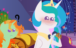 Size: 1152x722 | Tagged: safe, artist:stormcloud-yt, imported from derpibooru, princess celestia, oc, alicorn, pony, unicorn, base used, blushing, female, frown, heart, hoof hold, indoors, jewelry, mare, parent:princess celestia, peytral, pointy ponies, shipper on deck, tiara, toy