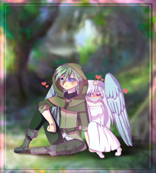 Size: 2326x2579 | Tagged: safe, artist:stormcloud-yt, imported from derpibooru, oc, oc only, human, blushing, clothes, dress, duo, heart, heterochromia, high res, humanized, one eye closed, outdoors, sitting, smiling, winged humanization, wings, wink