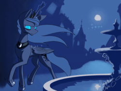 Size: 800x600 | Tagged: safe, artist:hauntedtuba, imported from derpibooru, princess luna, alicorn, pony, animated, beautiful, crown, eyes closed, female, fountain, gif, glowing, glowing horn, hoof shoes, horn, jewelry, magic, magic aura, mare, moon, night, regalia, solo, sparkles, watermark, windswept mane