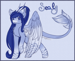 Size: 2708x2214 | Tagged: safe, artist:maneblue, imported from derpibooru, oc, oc only, pony, ear fluff, high res, horns, leonine tail, raised hoof, solo, tail, wings