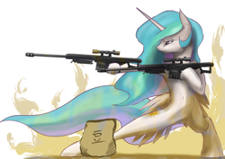 Size: 600x424 | Tagged: safe, artist:sakuracheetah, imported from derpibooru, princess celestia, alicorn, pony, bipedal, female, gun, hoof hold, japanese, mare, rifle, setsubun, sniper rifle, solo, weapon