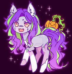 Size: 1024x1049 | Tagged: safe, artist:miioko, imported from derpibooru, oc, oc only, earth pony, pony, deviantart watermark, ear fluff, earth pony oc, obtrusive watermark, pumpkin, smiling, solo, watermark