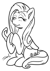 Size: 2481x3508 | Tagged: safe, artist:memprices, imported from derpibooru, fluttershy, pegasus, pony, black and white, clapping, clip studio paint, cute, digital art, eyebrows, eyes closed, grayscale, happy, high res, lineart, monochrome, quick draw, shyabetes, simple background, sitting, sketch, smiling, white background