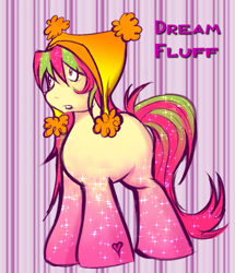 Size: 563x655 | Tagged: safe, artist:sephirothisshot23234, imported from derpibooru, oc, oc only, oc:dream fluff, pony, gradient background, hat, multicolored hair, shocked, solo, sparkles