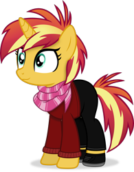 Size: 3152x4045 | Tagged: safe, artist:anime-equestria, imported from derpibooru, sunset shimmer, pony, unicorn, equestria girls, alternate hairstyle, clothes, cute, female, full body, high res, hoof shoes, horn, mare, scarf, shadow, shimmerbetes, shoes, simple background, smiling, solo, standing, sweater, tail, transparent background, vector