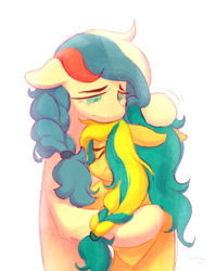 Size: 2496x3140 | Tagged: safe, artist:littmosa, imported from derpibooru, oc, oc:marussia, oc:ukraine, pony, anti-war, comforting, crying, current events, female, floppy ears, high res, hug, multicolored mane, nation ponies, ponified, russia, sad, simple background, teary eyes, ukraine, white background