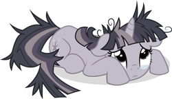 Size: 4096x2364 | Tagged: safe, artist:eagle1division, artist:wardex101, edit, imported from derpibooru, twilight sparkle, pony, unicorn, lesson zero, cowering, crying, cute, discorded, discorded twilight, female, floppy ears, frown, high res, hooves, looking up, lying down, mare, messy mane, prone, sad, scared, shadow, simple background, solo, tail, transparent background, twilight tragedy, unicorn twilight, vector