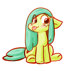 Size: 544x564 | Tagged: safe, artist:zutcha, imported from derpibooru, ocellus, changedling, changeling, earth pony, pony, :p, blushing, cute, disguise, disguised changeling, female, floppy ears, freckles, full body, hooves, simple background, sitting, solo, tail, tongue out, white background