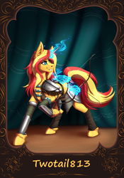 Size: 1668x2388 | Tagged: safe, artist:alrumoon_art, artist:twotail813, imported from derpibooru, sunset shimmer, pony, unicorn, equestria girls, aela the huntress, armor, bow (weapon), clothes, cosplay, costume, female, magic, mare, raised hoof, skyrim, smiling, solo, sunset cosplay flashmob, telekinesis, the elder scrolls