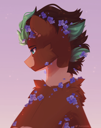 Size: 700x884 | Tagged: safe, artist:floweryoutoday, imported from derpibooru, oc, oc:sagebrush, earth pony, pony, body markings, bust, coat markings, colored ears, earth pony oc, facial markings, flower, flower in hair, gradient background, green eyes, male, multicolored hair, multicolored mane, pretty, snip (coat marking), solo, two toned mane