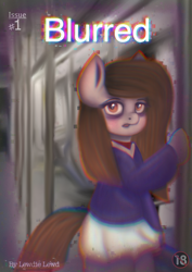 Size: 2480x3508 | Tagged: safe, artist:lewdielewd, imported from derpibooru, oc, oc:melody love, earth pony, pony, comic:blurred, bipedal, case, clothes, cover art, female, mare, skirt, surprised, underground