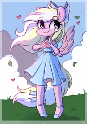 Size: 2480x3508 | Tagged: safe, artist:sakukitty, imported from derpibooru, oc, oc only, oc:bay breeze, anthro, pegasus, unguligrade anthro, bow, clothes, dress, female, hair bow, heart hands, mare, pegasus oc, sketch, solo, tail, tail bow