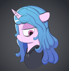 Size: 1747x1791 | Tagged: safe, artist:limitmj, imported from derpibooru, izzy moonbow, pony, unicorn, bust, clothes, floppy ears, g5, hoodie, izzy moodbow, lidded eyes, moody, my little pony: a new generation