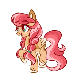 Size: 500x500 | Tagged: safe, artist:randbrip, imported from derpibooru, oc, oc only, pegasus, pony, coat markings, freckles, offspring, open mouth, open smile, parent:big macintosh, parent:fluttershy, parents:fluttermac, raised hoof, simple background, smiling, solo, transparent background, twin braids, unshorn fetlocks