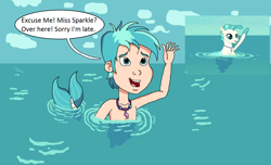 Size: 1494x910 | Tagged: safe, artist:ocean lover, imported from derpibooru, terramar, human, merboy, merman, seapony (g4), season 8, surf and/or turf, spoiler:s08, cloud, cute, disney style, fish tail, hello, humanized, implied twilight sparkle, jewelry, male, mermaid tail, necklace, ocean, open mouth, pearl necklace, scene interpretation, tail, text, water, wave, waving, word bubble