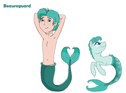 Size: 1654x1231 | Tagged: safe, artist:ocean lover, artist:torusthescribe, imported from derpibooru, oc, oc only, oc:beauregard, oc:beaureguard, human, merboy, merman, sea pony, arm behind head, belly button, chest, cute, fish tail, freckles, handsome, humanized, looking at you, male, mermaid tail, tail, text