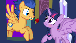 Size: 1280x720 | Tagged: safe, artist:mlplary6, imported from derpibooru, flash sentry, twilight sparkle, alicorn, pegasus, pony, blushing, female, flashlight, flower, looking at each other, male, mare, rose, shipping, smiling, smiling at each other, stallion, straight, twilight sparkle (alicorn), window