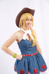 Size: 681x1024 | Tagged: safe, artist:nyunyucosplay, imported from derpibooru, applejack, human, equestria girls, applejack's hat, bare shoulders, clothes, cosplay, costume, cowboy hat, fall formal outfits, hat, irl, irl human, photo, simple background, sleeveless, solo, strapless, white background