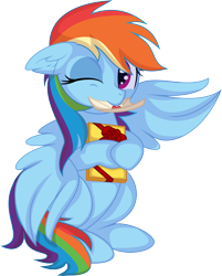 Size: 5956x7402 | Tagged: safe, artist:cyanlightning, imported from derpibooru, rainbow dash, pegasus, pony, .svg available, absurd resolution, chocolate, cute, dashabetes, ear fluff, female, food, looking at you, love letter, mare, mouth hold, one eye closed, simple background, sitting, solo, transparent background, vector, waving at you, wings, wink, winking at you