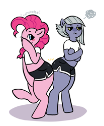 Size: 1483x1789 | Tagged: safe, artist:immunefox, imported from derpibooru, limestone pie, pinkie pie, earth pony, semi-anthro, booty shorts, butt bump, clothes, digital art, duo, female, large butt, midriff, short shirt, shorts, siblings, sisters, thighs, thunder thighs, unamused