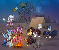 Size: 2814x2356 | Tagged: safe, artist:leastways, imported from derpibooru, oc, oc only, oc:citrine, oc:collateral damage, oc:moonstone, oc:princess purr, oc:royal mulberry, oc:silver star, oc:winter arcane, alicorn, bat pony, crystal pony, earth pony, griffon, pony, unicorn, fallout equestria, alicorn oc, bat pony oc, battle saddle, camping, clothes, commission, cup, fire, griffon oc, gun, horn, night, sketch, teacup, teapot, tent, weapon, wings