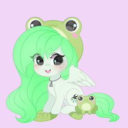 Size: 2000x2000 | Tagged: safe, artist:yomechka, imported from derpibooru, oc, oc only, oc:sparrow gale, frog, pegasus, chibi, frog hat, green mane, hat, jewelry, necklace, pegasus oc, simple background, solo