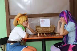 Size: 1368x912 | Tagged: safe, artist:roxyryoko, artist:yaminogame, imported from derpibooru, applejack, twilight sparkle, human, chess, clothes, cosplay, costume, duo, irl, irl human, photo