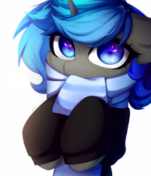 Size: 3293x3840 | Tagged: safe, artist:shavurrr, imported from derpibooru, oc, oc only, pony, unicorn, blue eyes, clothes, commission, hoodie, looking at you, scarf, solo