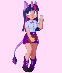 Size: 1200x1400 | Tagged: safe, artist:z0mbiec4t, imported from derpibooru, twilight sparkle, human, book, boots, bowtie, breasts, clothes, eared humanization, female, horn, horned humanization, humanized, leg warmers, leonine tail, peace sign, pink background, shirt, shoes, simple background, skirt, solo, tail, tailed humanization