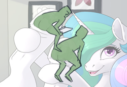 Size: 850x585 | Tagged: safe, artist:pusspuss, artist:rhorse, edit, princess celestia, oc, oc:anon, alicorn, human, pony, anonymous, butt, cropped, cropped porn, eyebrows, framed picture, frog (hoof), hoof hold, horn, looking at each other, looking at something, open mouth, open smile, picture, teeth, underhoof