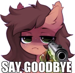 Size: 755x736 | Tagged: safe, artist:astralblues, imported from derpibooru, oc, oc only, pony, caption, delet this, frown, gun, handgun, image macro, looking at you, meme, pistol, reaction image, solo, text, unamused, weapon